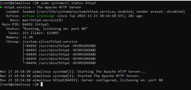 apache status 640x302 - How to install Apache, MySQL and PHP on AlmaLinux 8